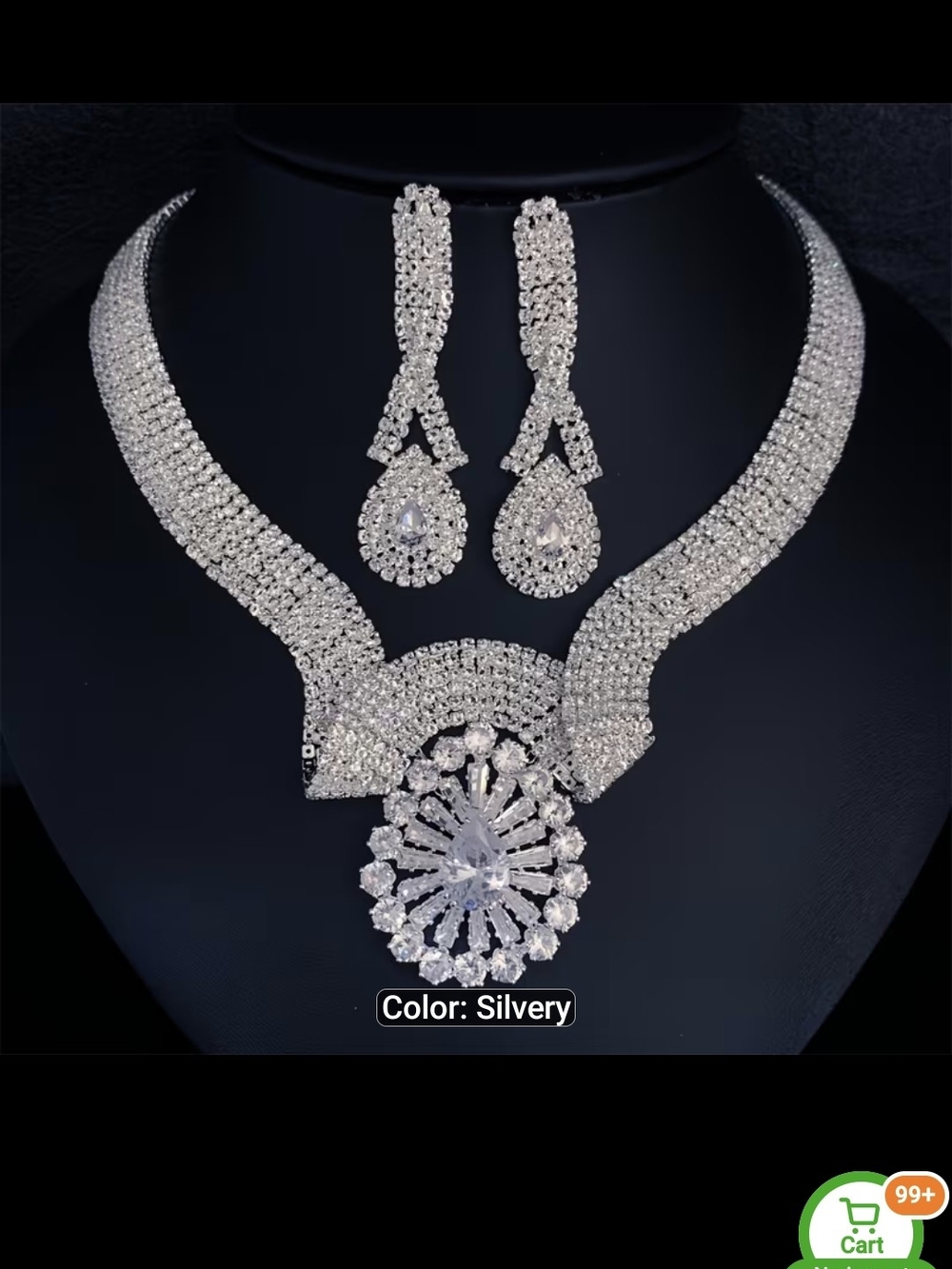 Silvery Crystal Statement Necklace & Earrings Set